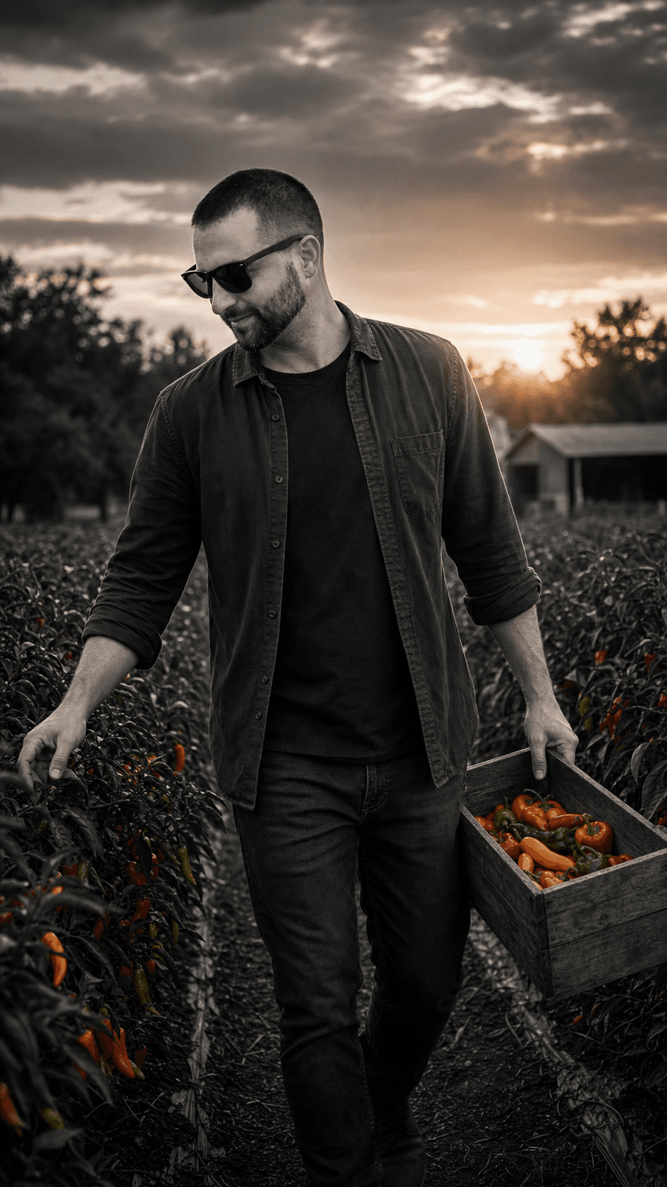 Kenneth Mayo walking through pepper rows with a crate of colorful peppers.