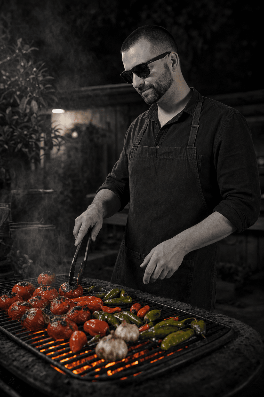 Kenneth Mayo in sunglasses looking down over peppers at a work table.