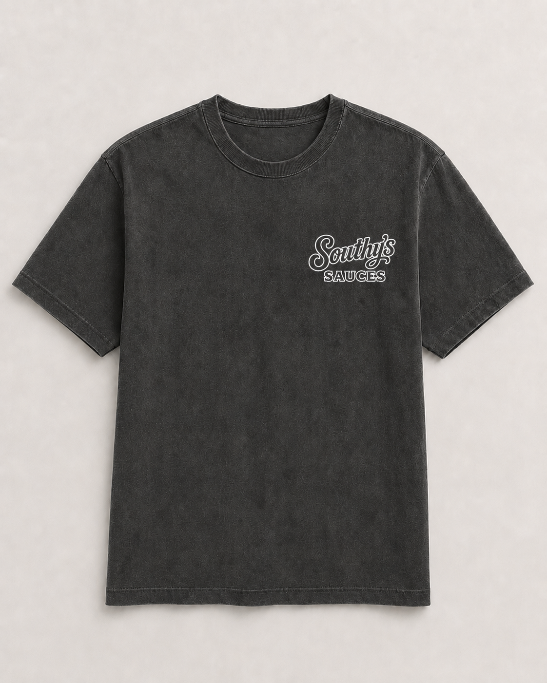 Southy's Sauces Comfort Colors Logo T-Shirt front view with small chest logo.